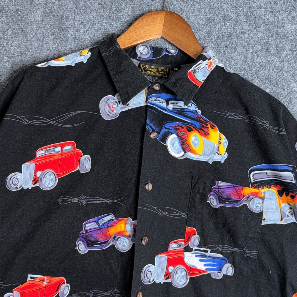 Monzini Collection Mens XL Hot Rod Shirt Vintage Car Allover Print Rayon Blend